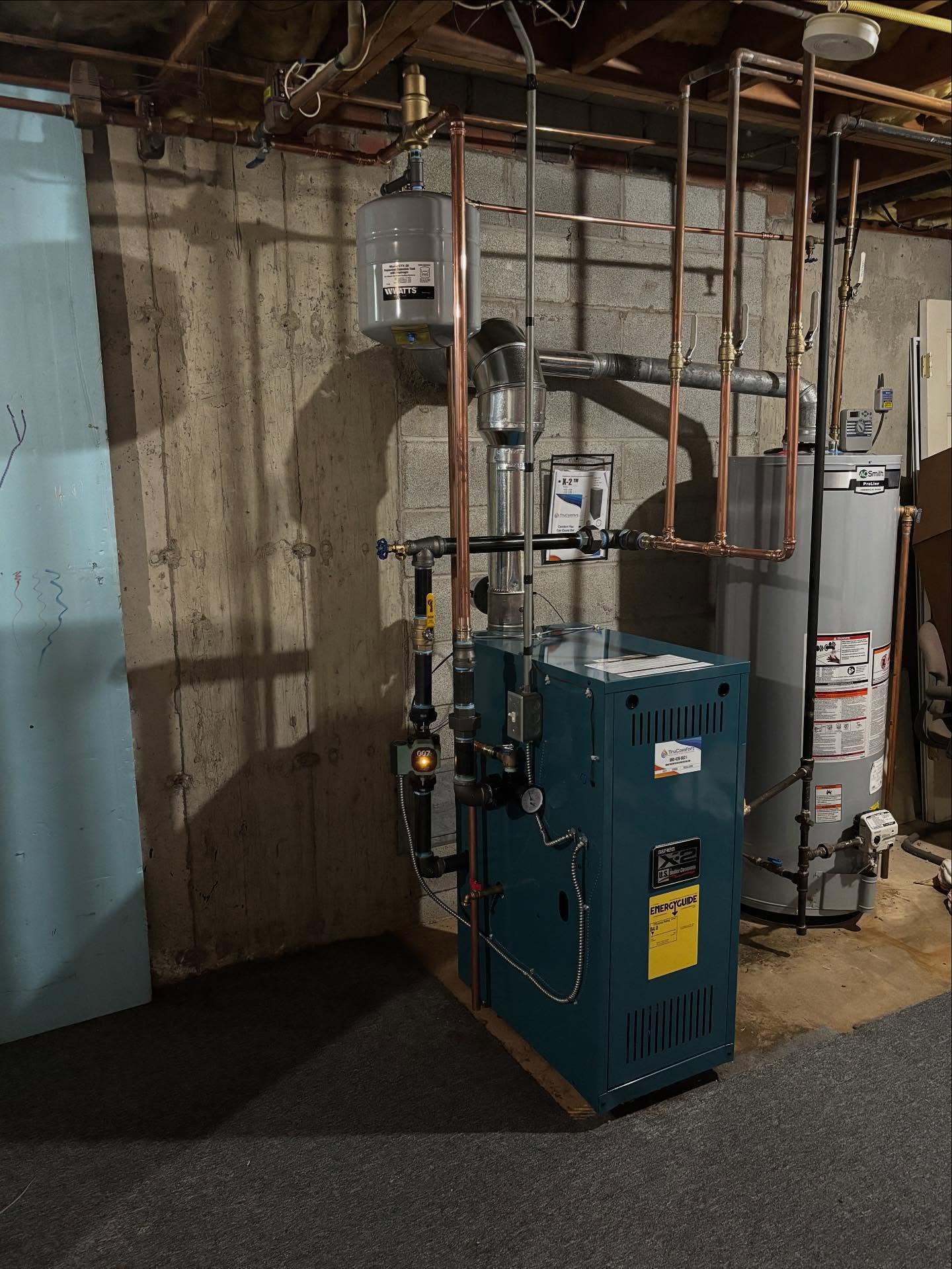 New hydronic boiler installation with copper piping in Southington CT basement.