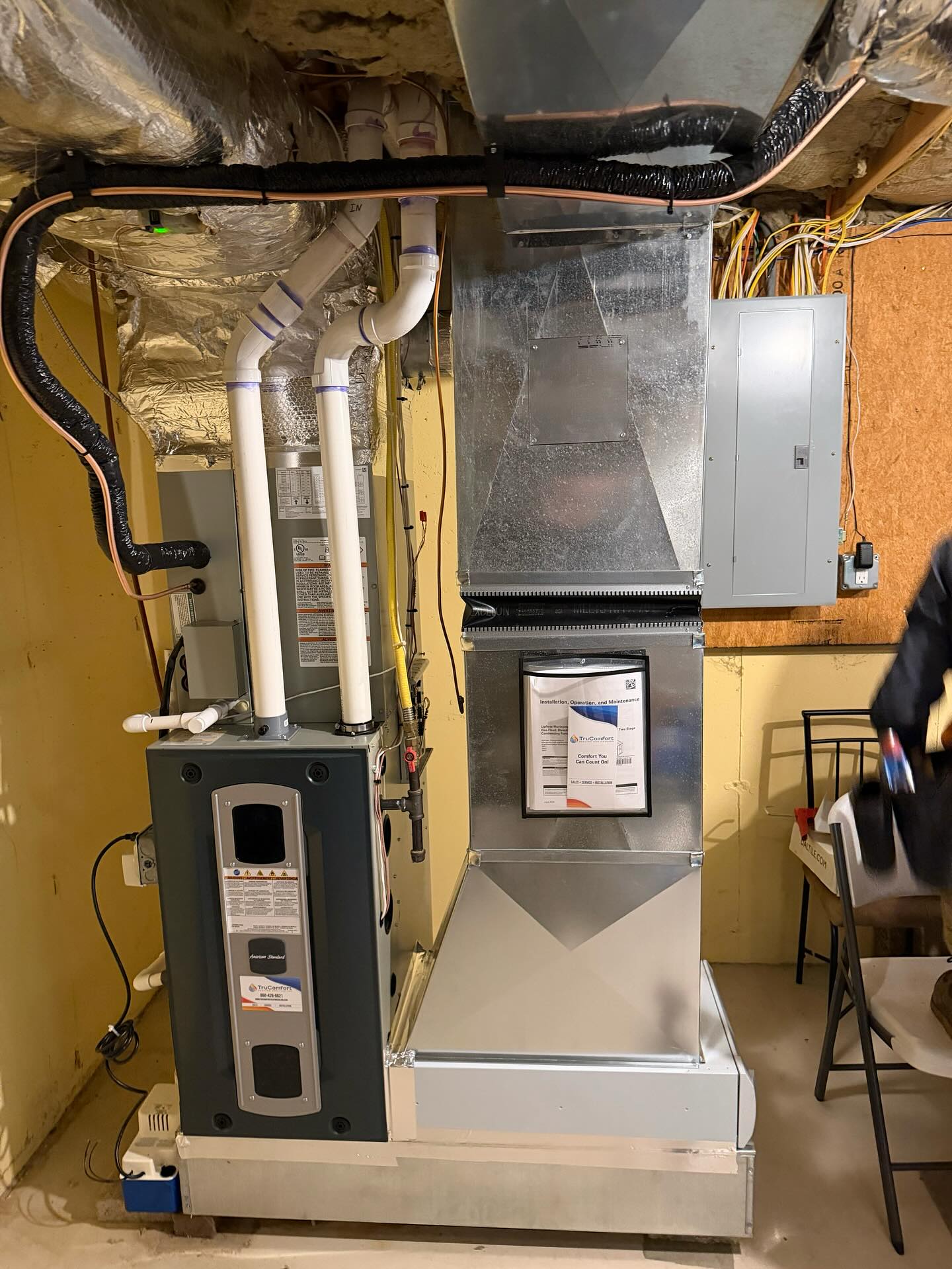 New Heating System install in Southington Connecticut New heating system installation in a Southington Connecticut basement with ductwork and PVC vent piping.